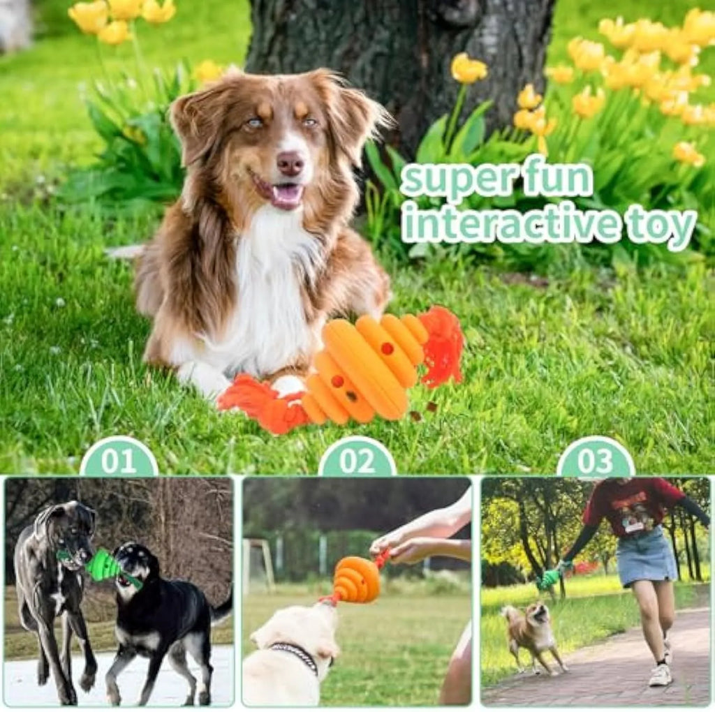 Green and yellow silicone dog ball with integrated rope, shown as a treat-dispensing and tug toy.