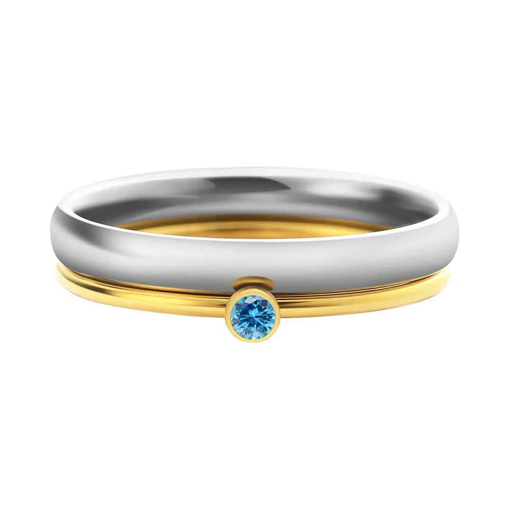 December birthstone titanium steel ring with gold electroplate and engraved geometry design.