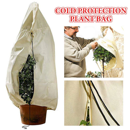 Adjustable, breathable plant cover in beige fabric to protect outdoor plants from winter frost and harsh weather