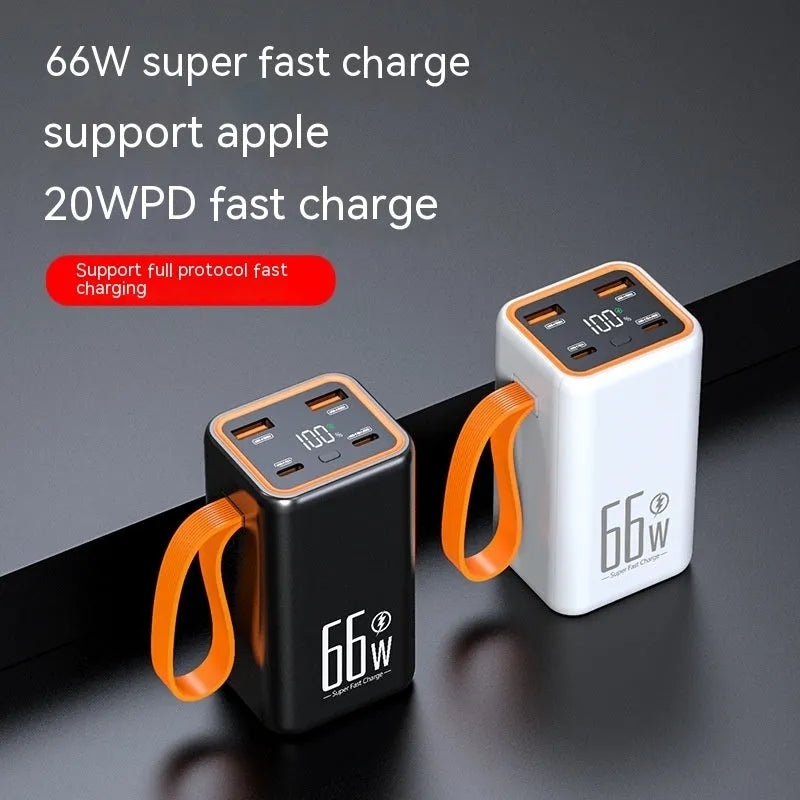 Black and white 20000mAh fast charge power bank measuring 95x52x47.5mm
