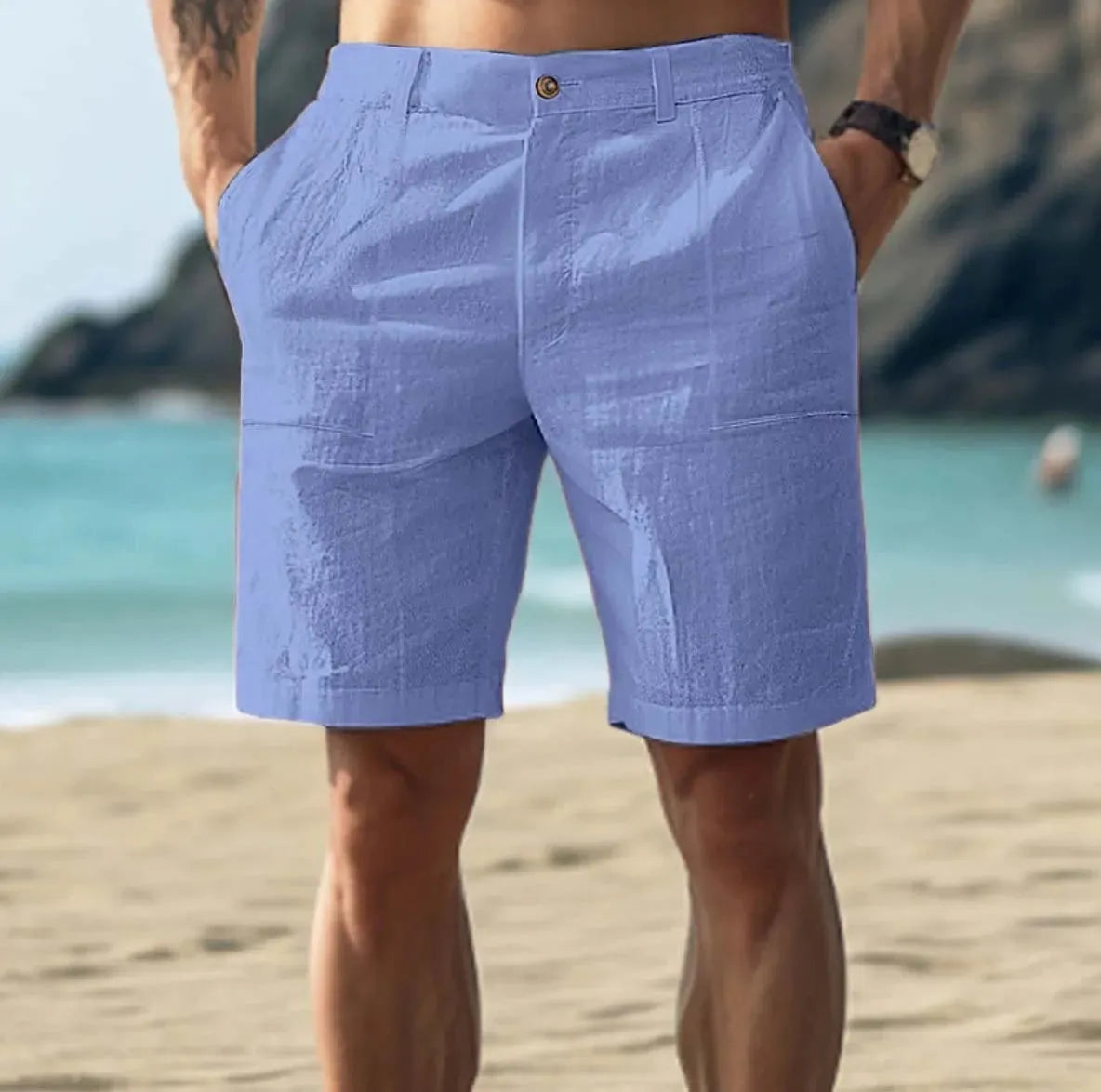 Men's straight-leg casual trousers in cotton linen blend, showing button fly and five-pocket design in dark blue.