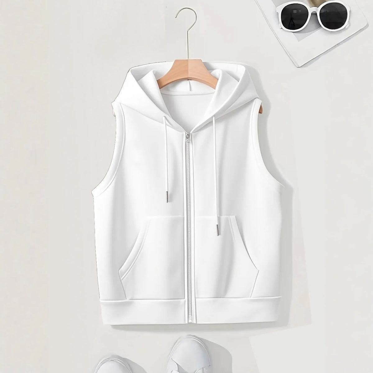 Women's sleeveless slim-fit zip cardigan sweater in white, black, dark blue or purple, sizes S to 3XL