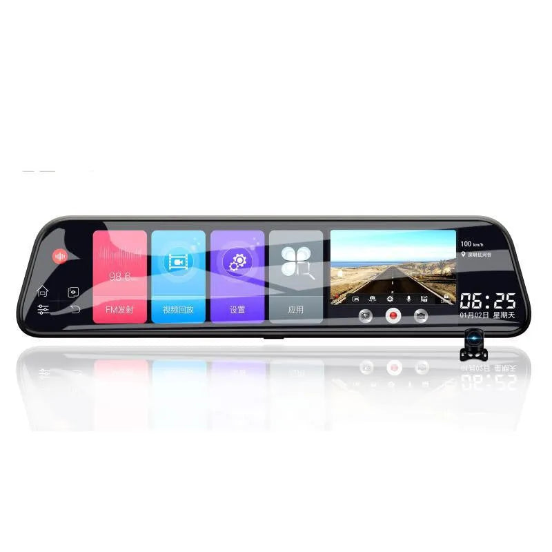 12-inch rearview mirror dash cam with touch screen display showing dual lens recording interface
