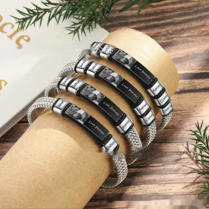 Titanium steel bracelet with leather rope design featuring lettering beads and heart charms