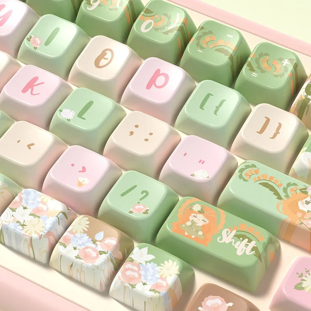 Mu Xia Garden Summer Garden design custom keycap set for mechanical keyboards, showing full 158-key layout.