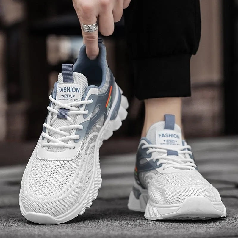 Men's white blue platform casual running shoes with cross shoulder straps and rubber sole
