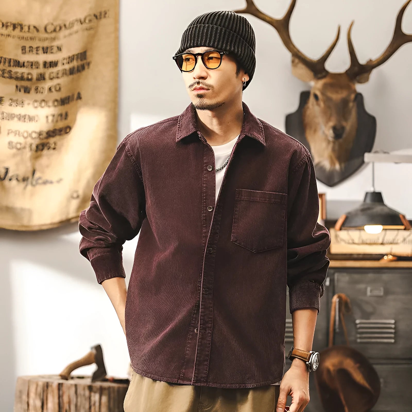 Men's black retro corduroy shirt jacket with long sleeves and loose fit casual design