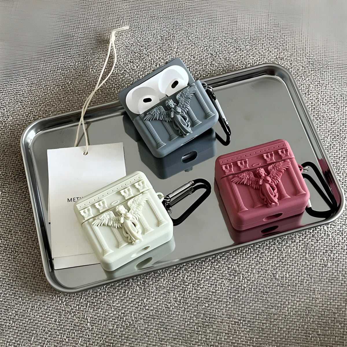 Silicone protective sleeve with 3D angel design for Apple AirPods charging case, grey colour