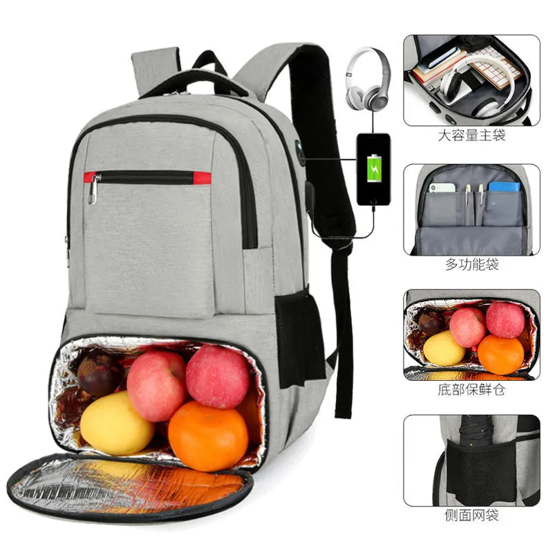 Light grey insulated Oxford cloth backpack with curved shoulder straps and a pull rod belt accessory