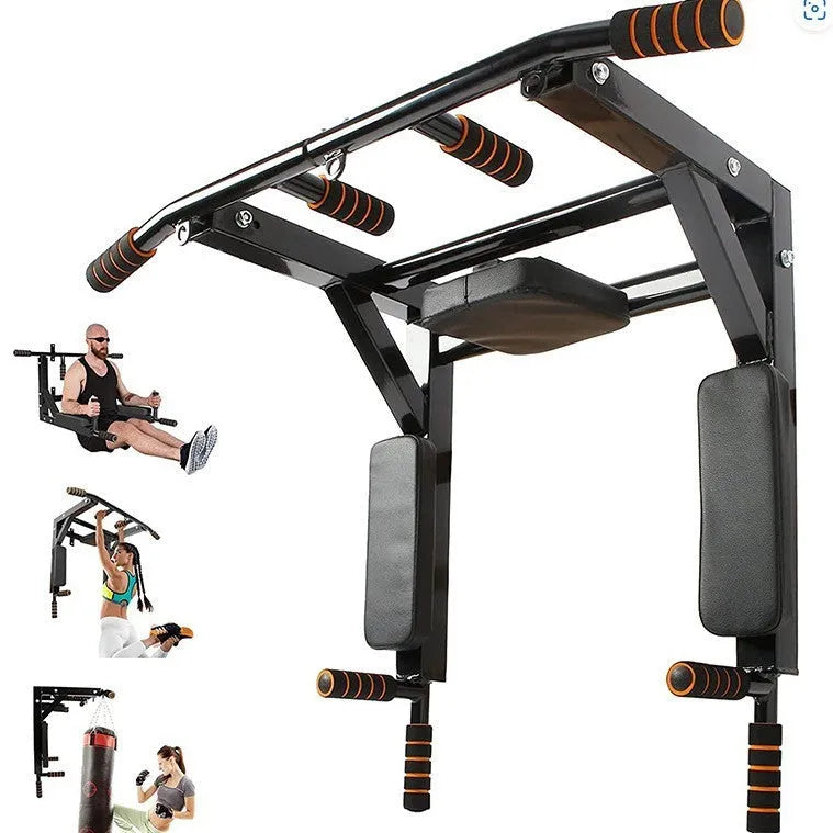 Black wall-mounted single parallel bars fitness rack for pull-ups and sandbag training