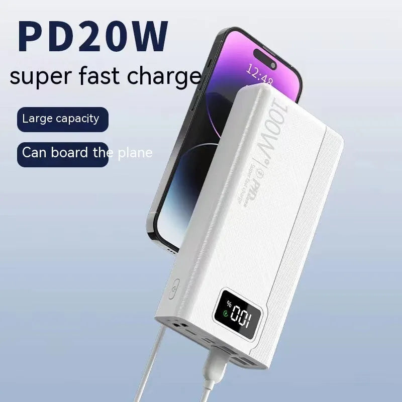 Black and white large capacity power bank with fast charging function showing dimensions