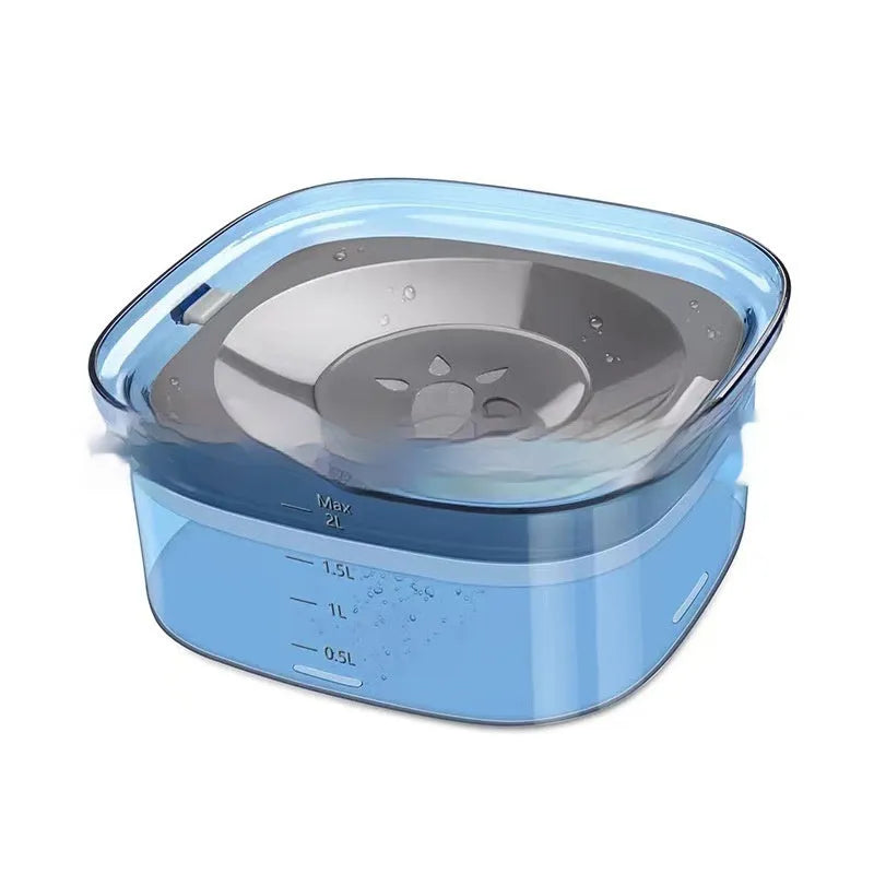 Transparent 2 litre dog water bowl with floating disc showing water level visibility