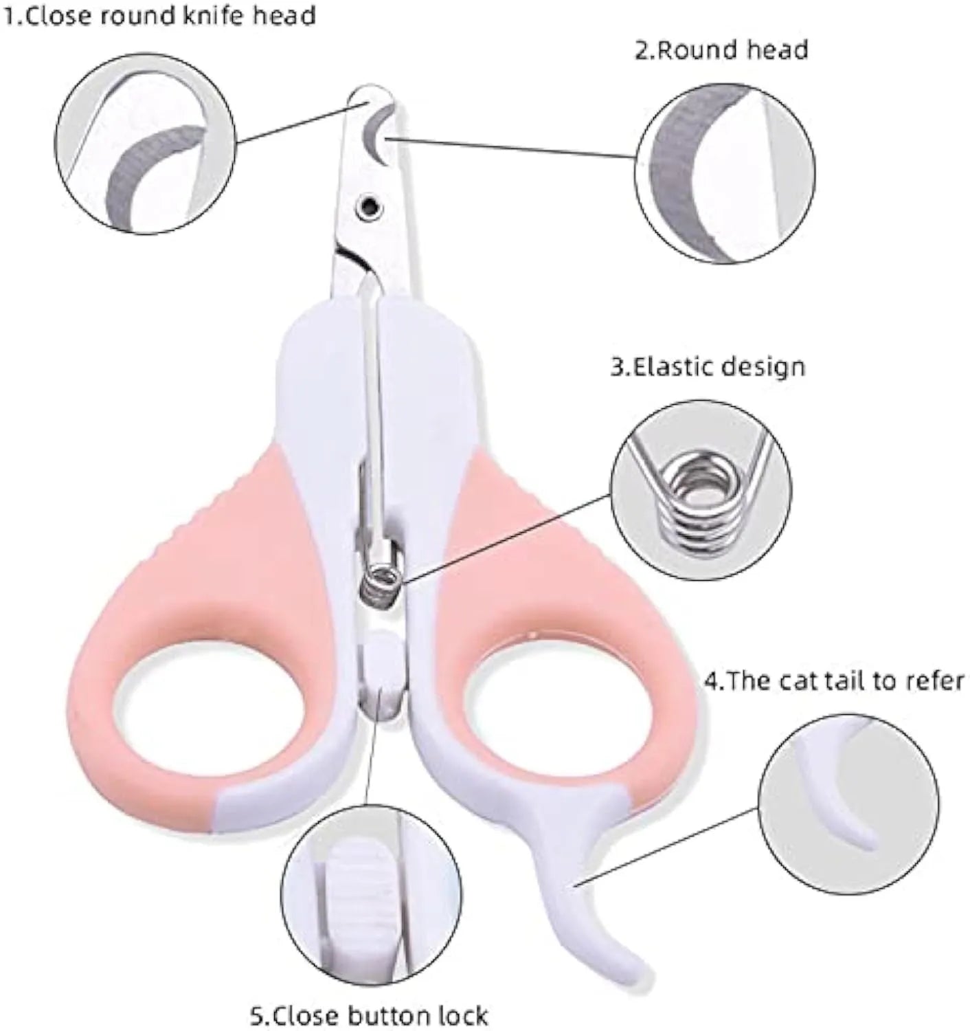 Grey and pink angled stainless steel cat nail clippers with safety lock for small pets.