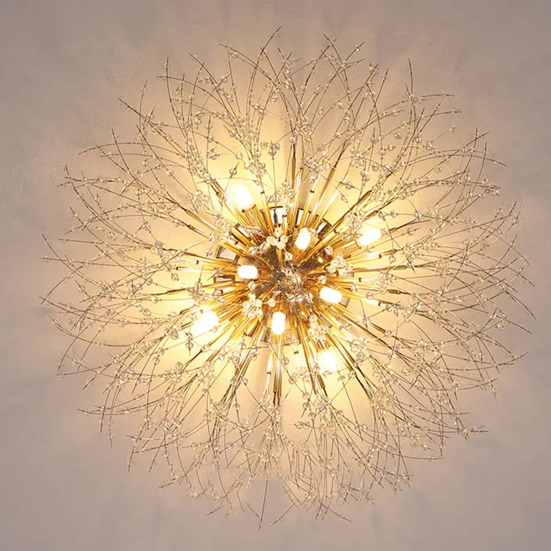 Round chrome dandelion crystal ceiling lamp with four light heads, 40cm diameter