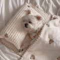 Bear-patterned dog bed set with pillow, mattress, and quilt components in removable washable design