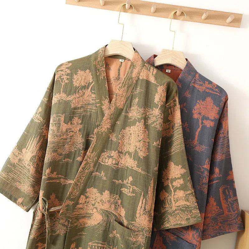 Men's dark blue cotton gauze kimono long dress bathrobe lying flat showing full length