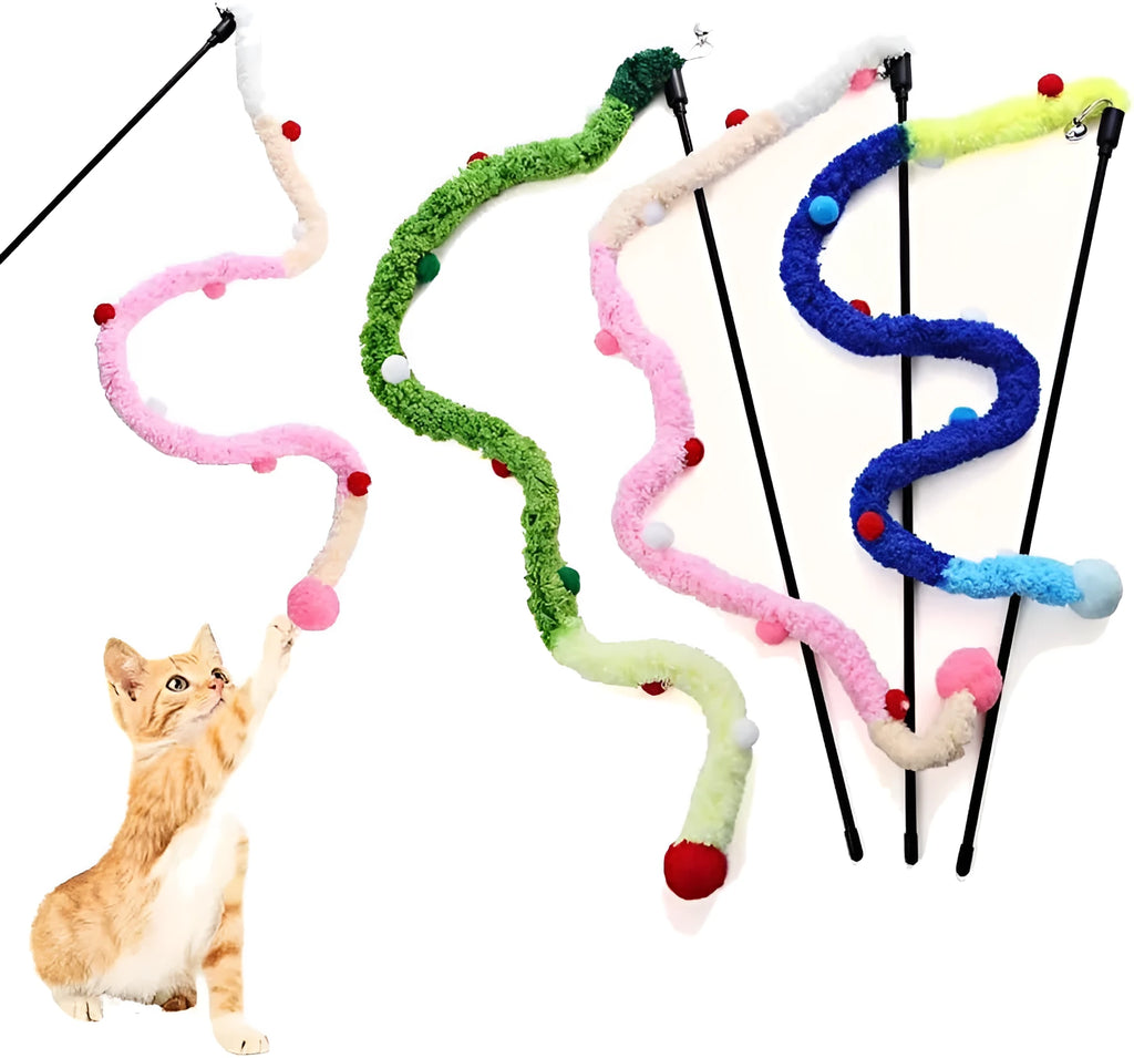 Blue cat teaser wand with long plush strip and bell on a 41cm pole.