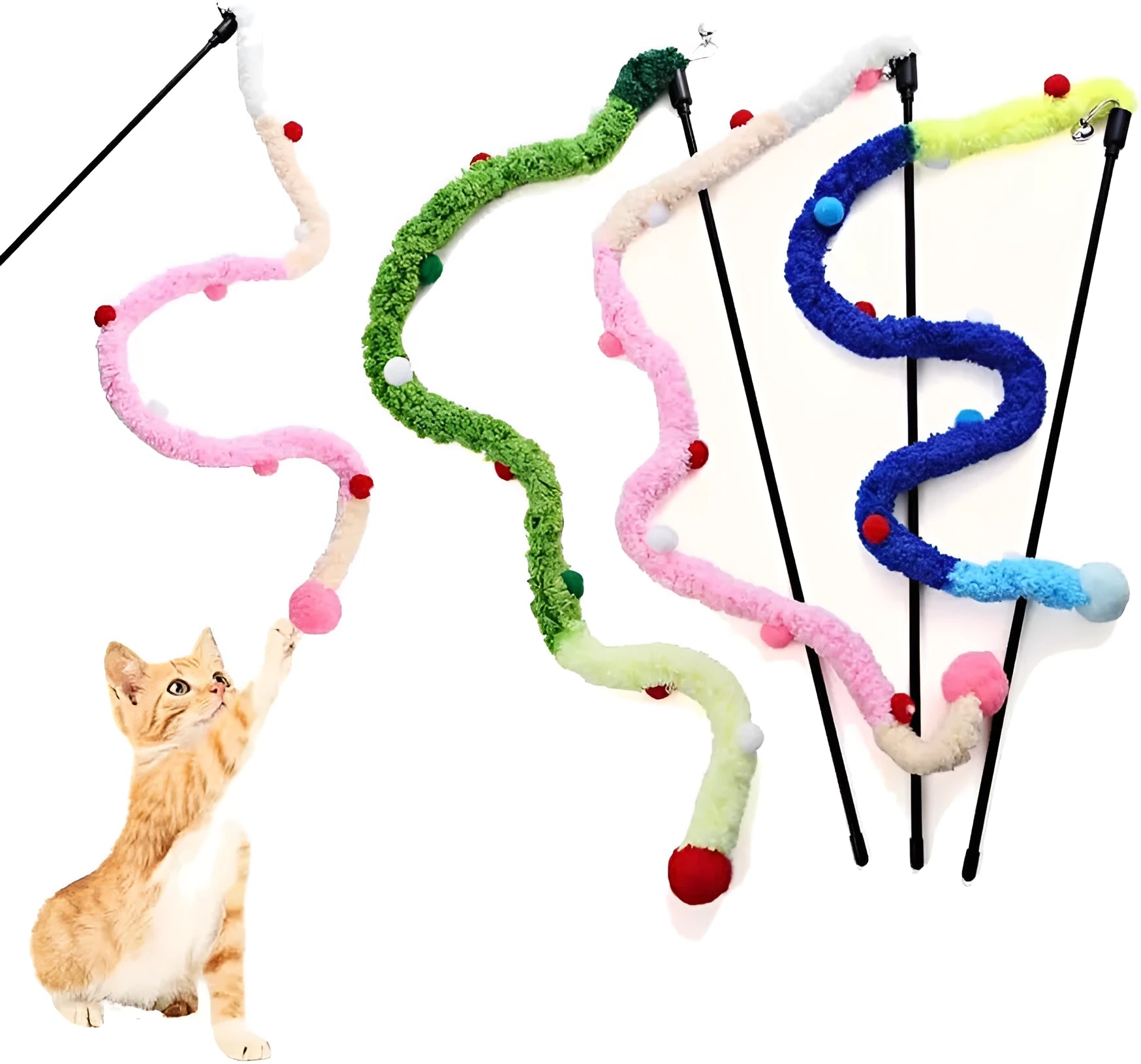 Blue cat teaser wand with long plush strip and bell on a 41cm pole.