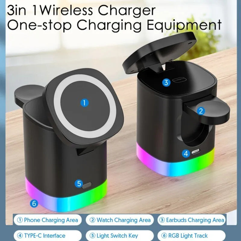 Black foldable 3 in 1 wireless charging station showing phone, watch, and earbuds charging simultaneously with RGB light