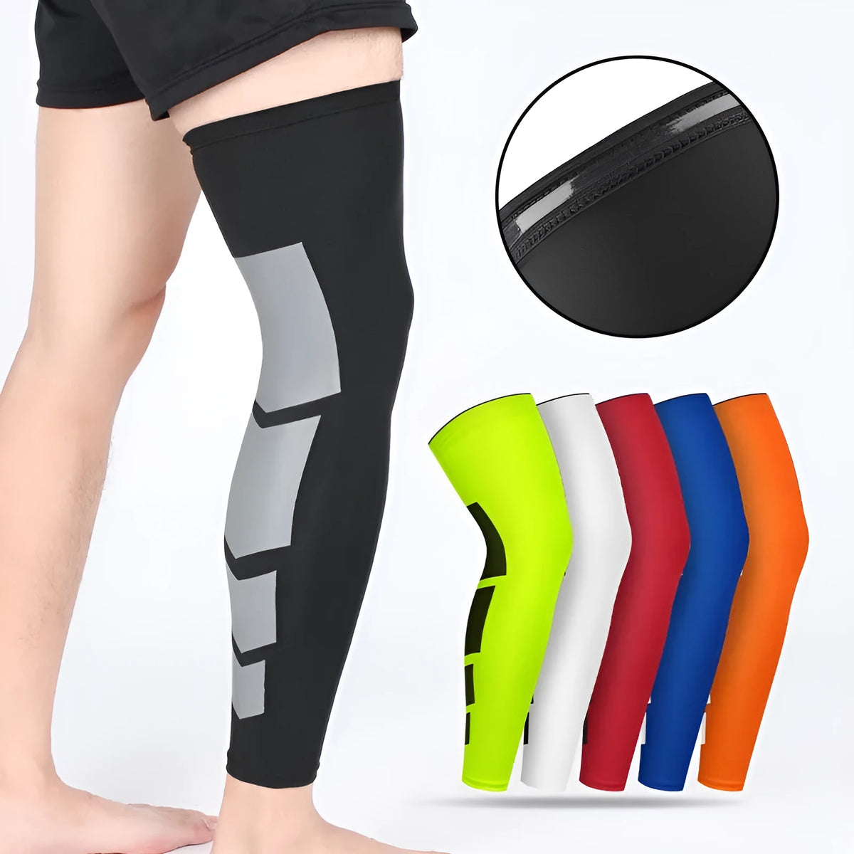 Single knee pad in black, white, blue, red, fluorescent, or orange, sizes M 520mm to XL 540mm, polyester spandex