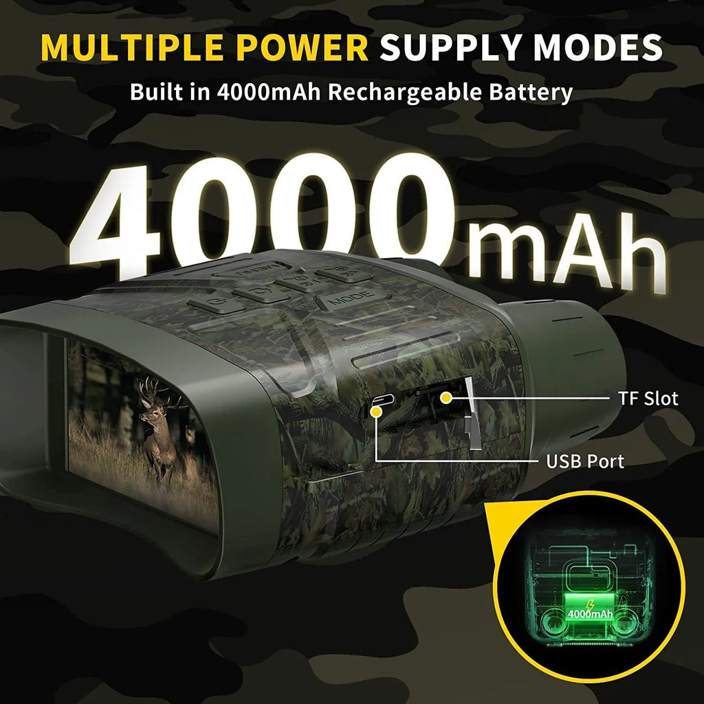 Black handheld night vision monocular with lens and screen, showing camouflage colour option.