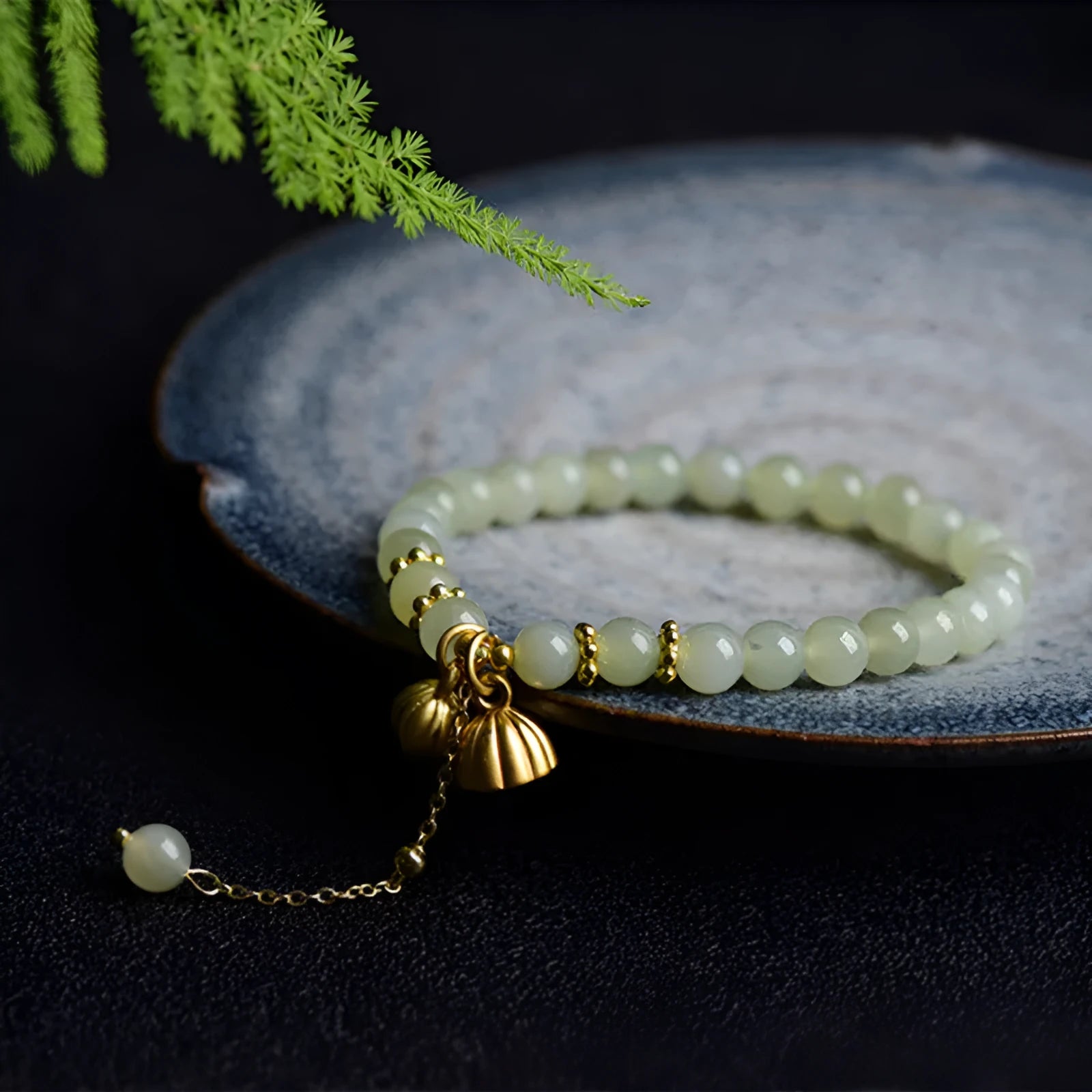 Natural Hetian jade bracelet with lotus carving and fu symbols on 6mm beads