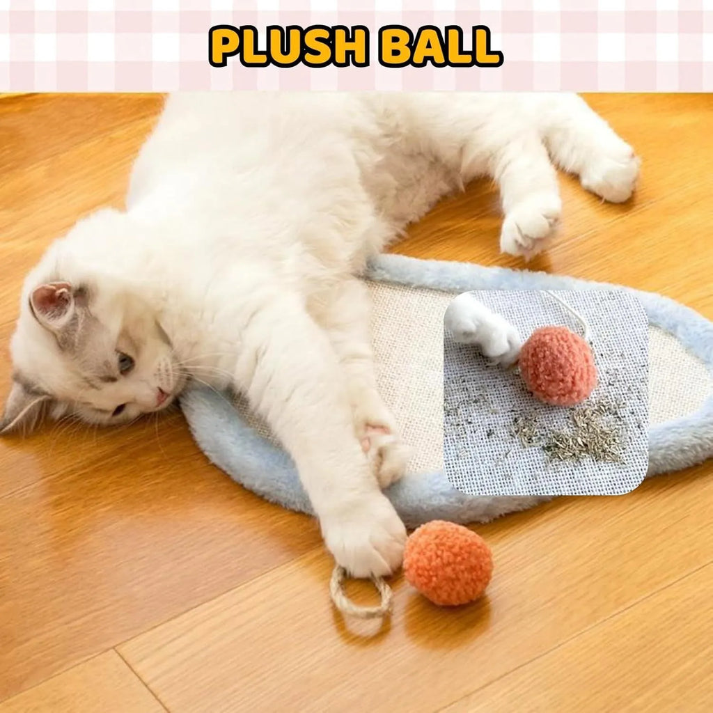 White wall-mounted cat scratching mat with sleeping cat cartoon design on natural sisal material
