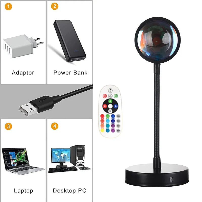 USB desk lamp with rainbow projection, RGB 16-colour LED output, metal lamp holder, and remote control.