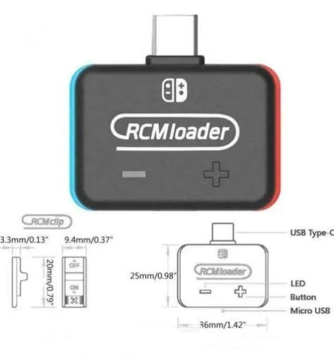 Black RCMloader and RCMclip set for Nintendo Switch CFW with microSD archive.