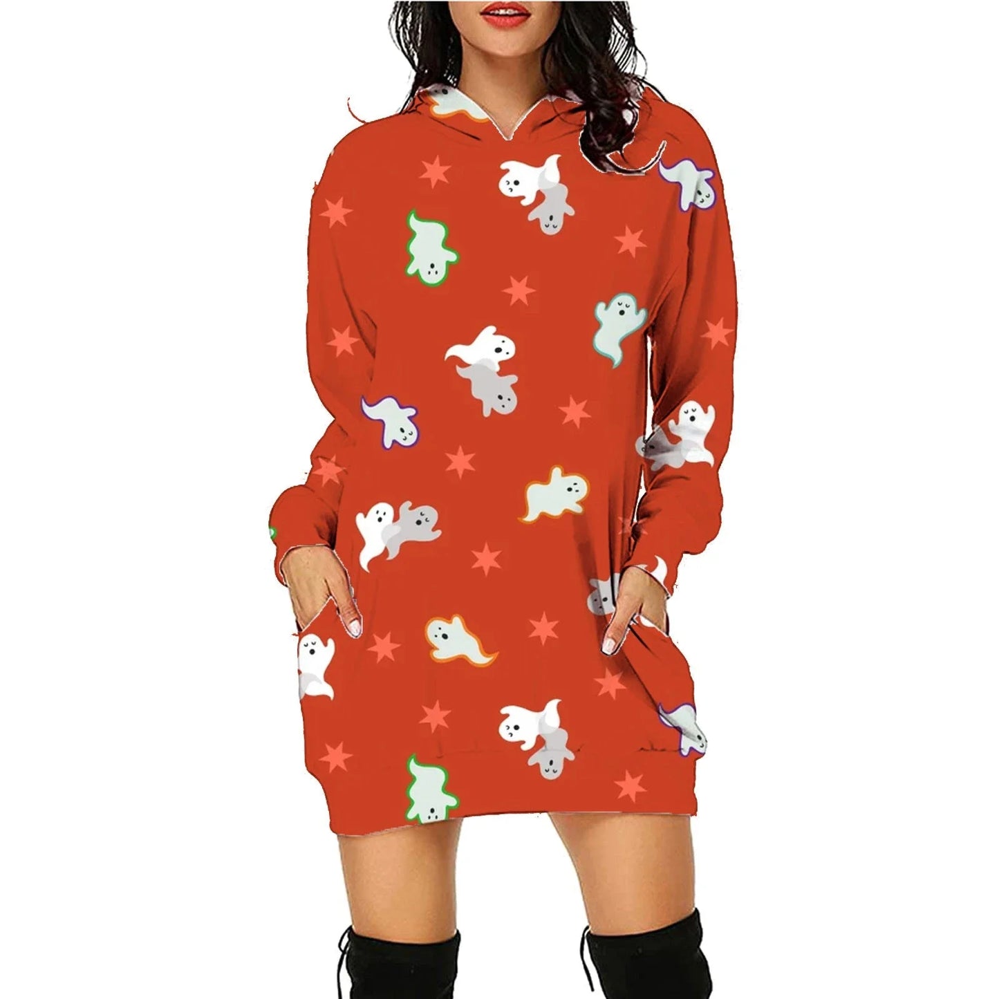 Women's long-sleeved Halloween hoodie with pockets, featuring a unique printed design in a variety of vibrant color options.