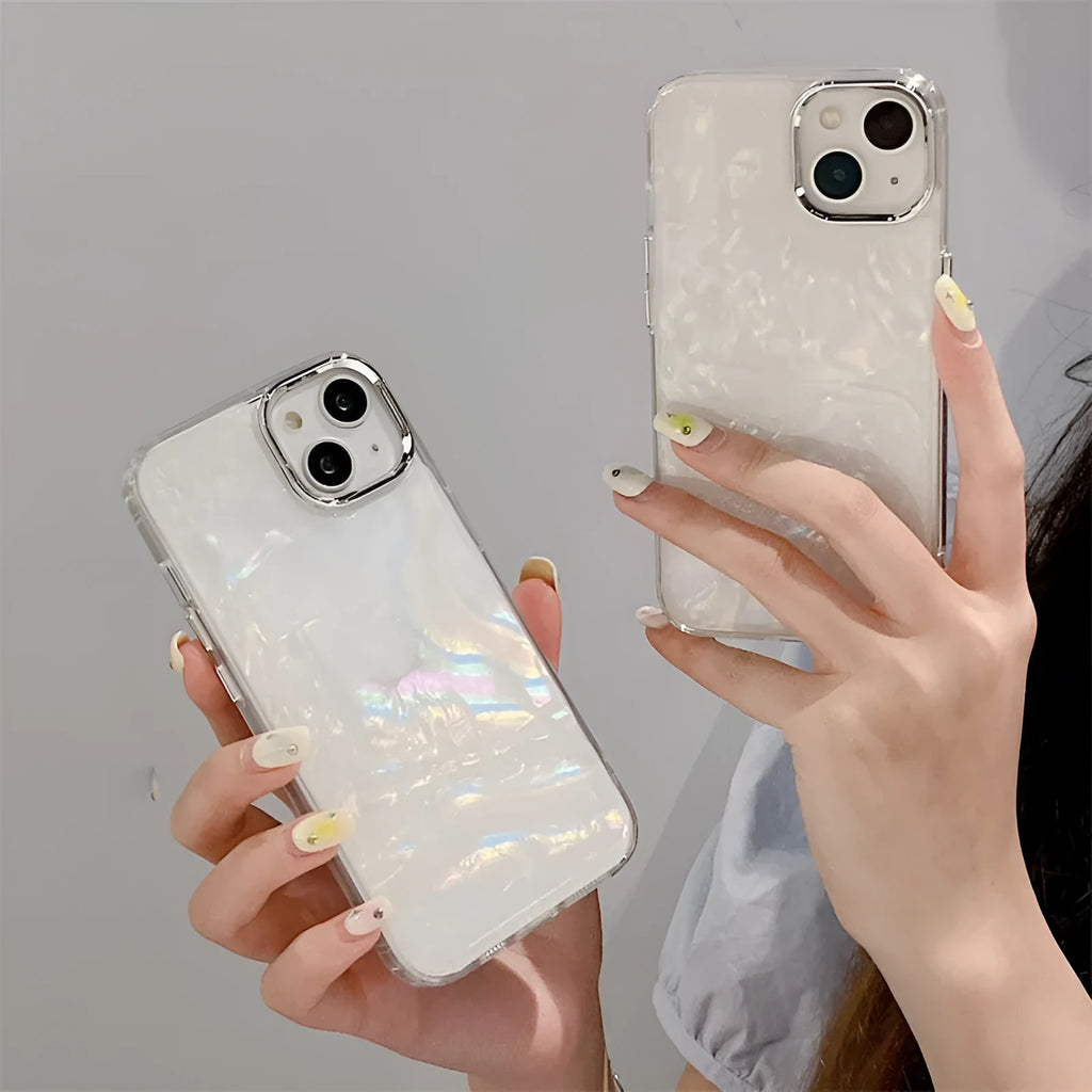 Fantasy shell pattern TPU phone case with epoxy finish for iPhone models, white colour option shown