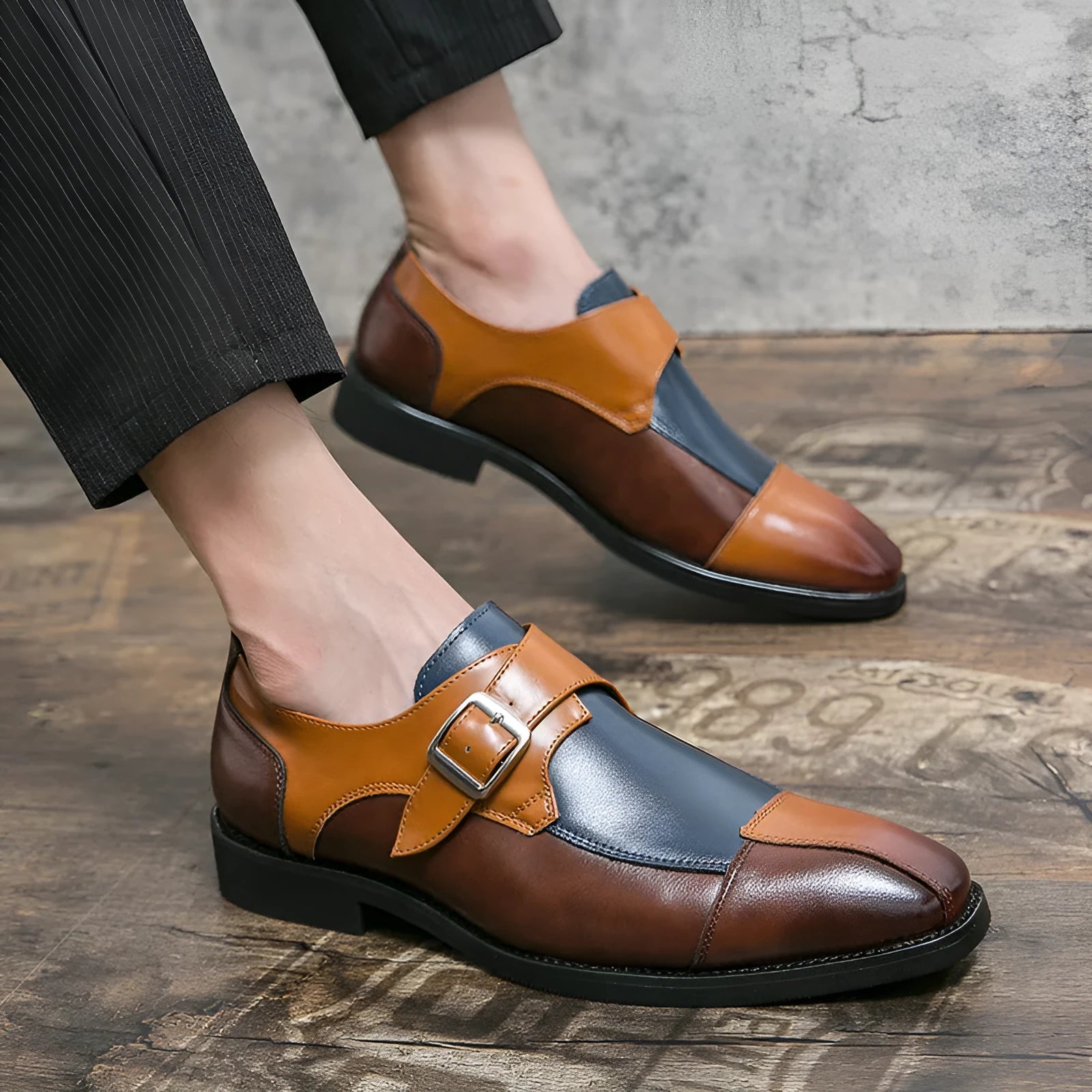 Men's brown blue retro buckle casual leather shoes with tall crown height on a plain background.