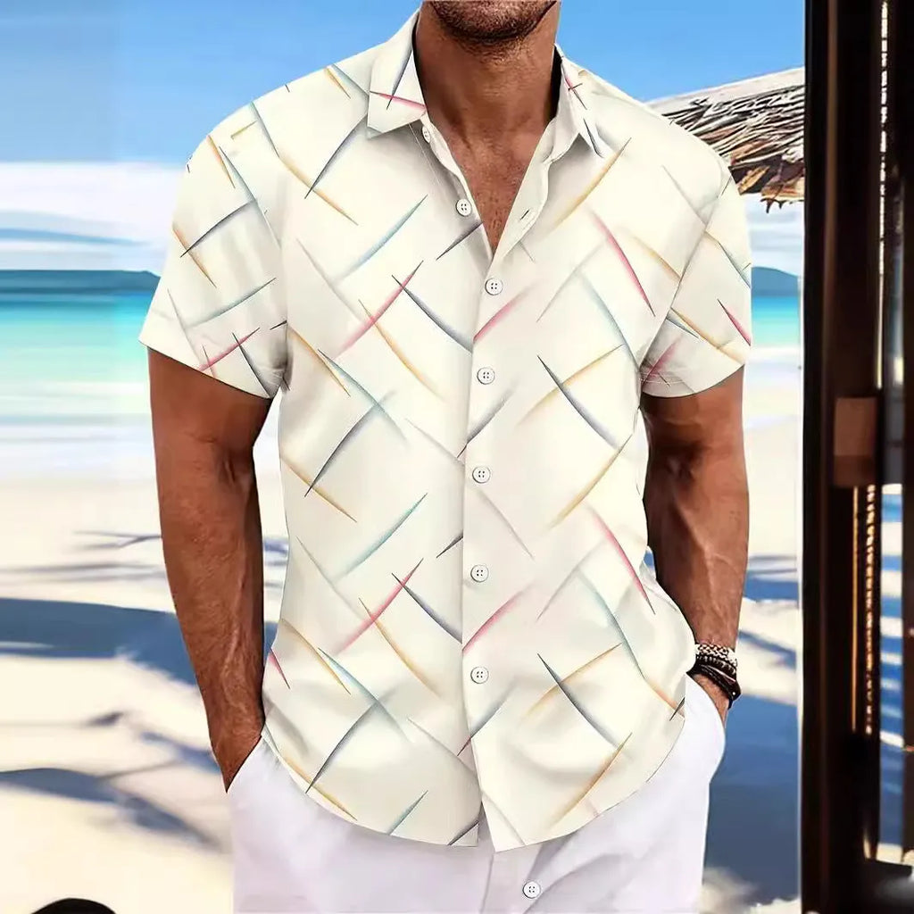 Summer men's striped feather beach short sleeve button shirt in loose cardigan style polyester fabric