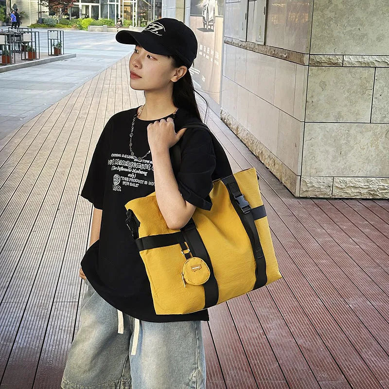 Oxford cloth travel shoulder bag with coin purse in black, grey, or yellow colour options