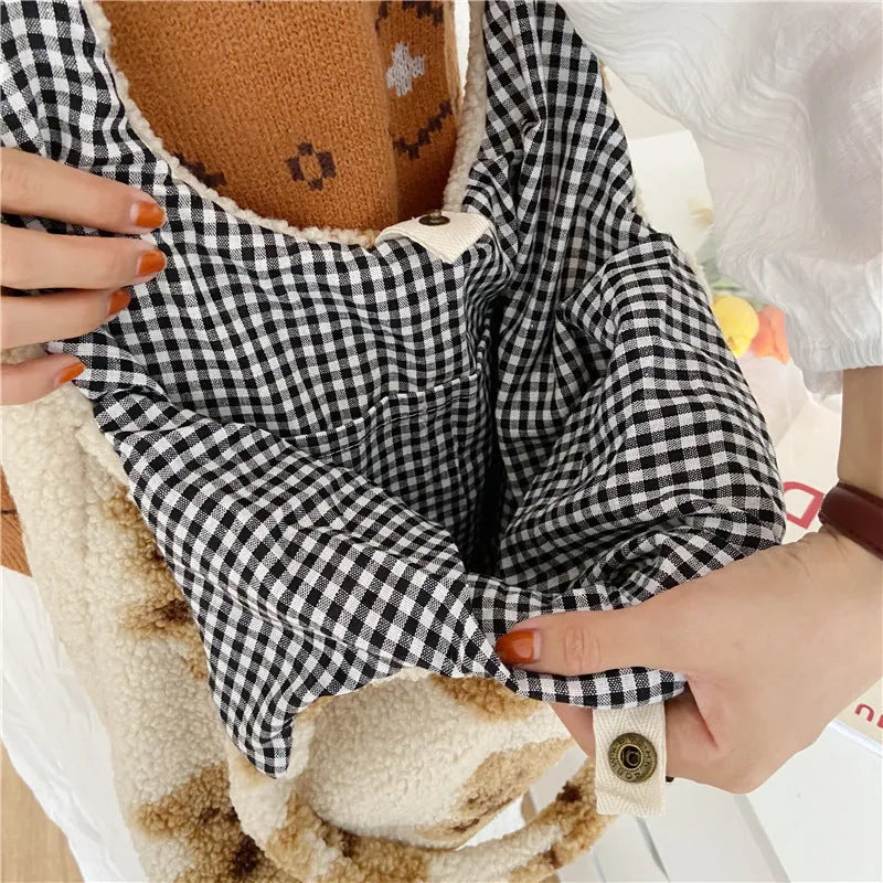 Cute bear print polyester shoulder bag in beige with soft handle and square vertical section shape