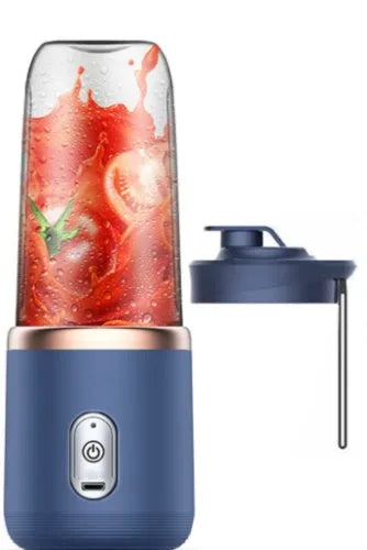 Portable USB blender and juicer in Tunisian dark blue with six blades, a cup lid, and a USB cable.