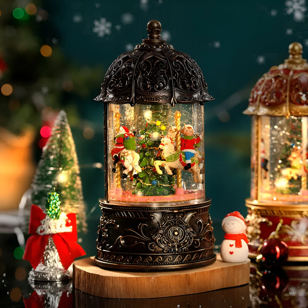 Christmas carousel music box with old man and tree motif, plastic, bronze colour, side view