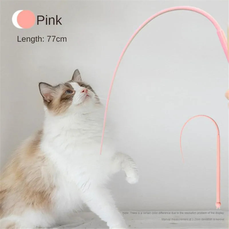 Blue simulated mouse tail cat toy with long silicone tail and cat head handle for interactive feline play