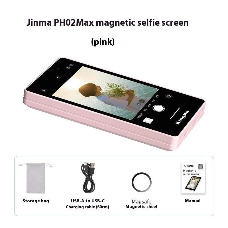 Magnetic selfie display screen for mobile phone rear camera, black or pink, HDMI same screen device