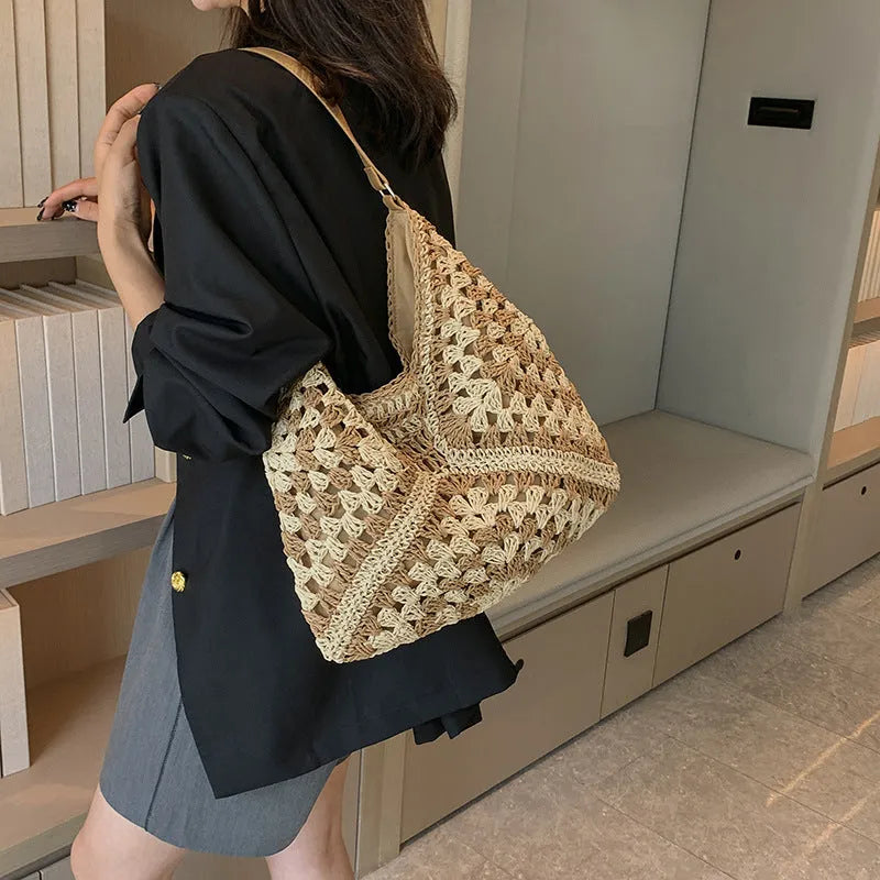 Handmade paper straw woven shoulder bag with hollow contrast colour weave and polyester lining in khaki beige or black khaki.