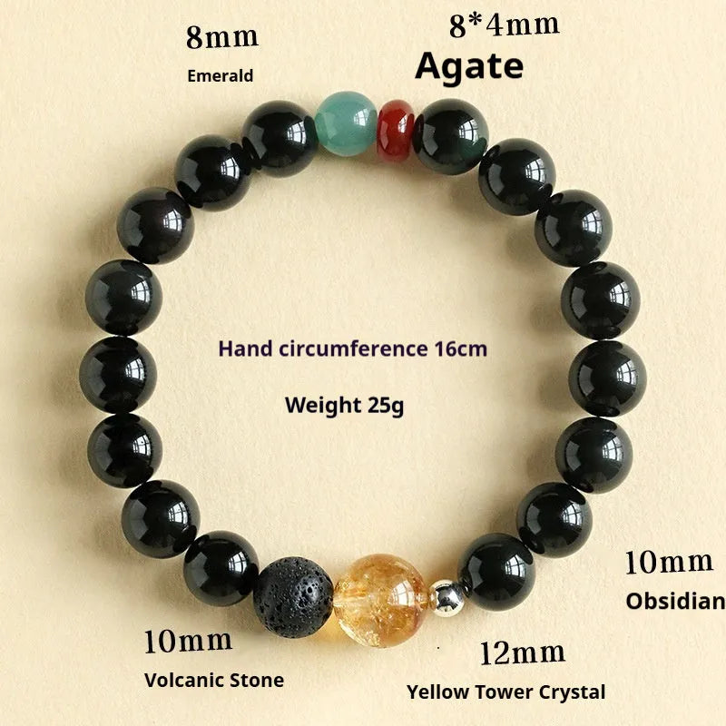 Chinese style obsidian yellow tower crystal agate jade bracelet in 8mm or 10mm bead sizes