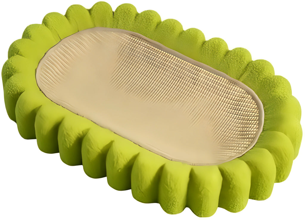 Green oval cat scratcher pad with sisal surface serving as scratching area and cat bed