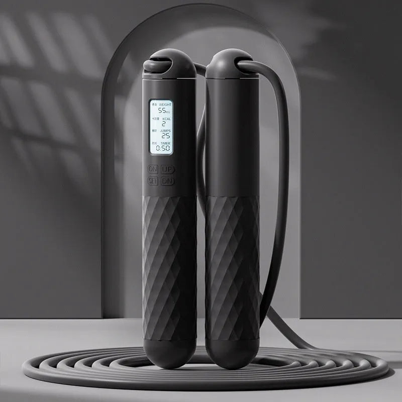 Black adjustable exam training skipping rope with wire construction and handles