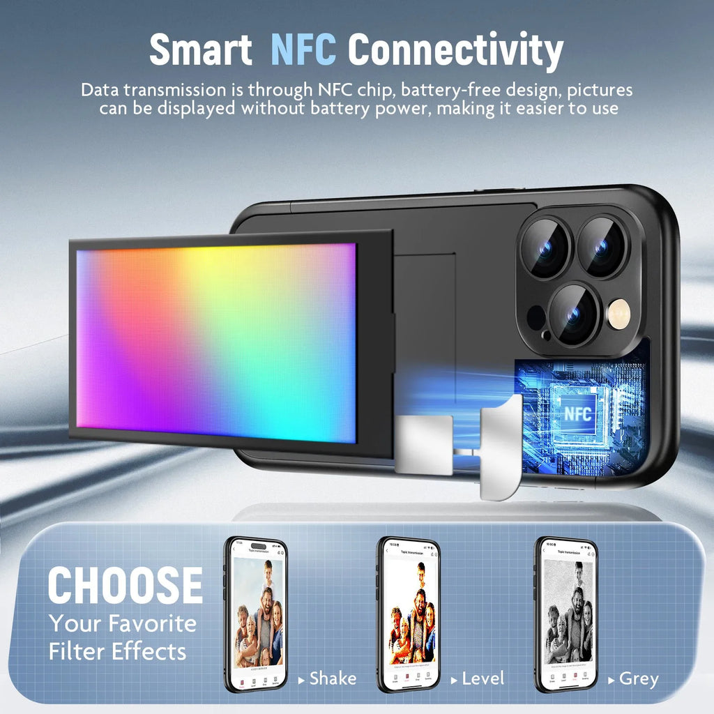 Black iPhone 15 Pro flip case with NFC ink screen for custom DIY designs