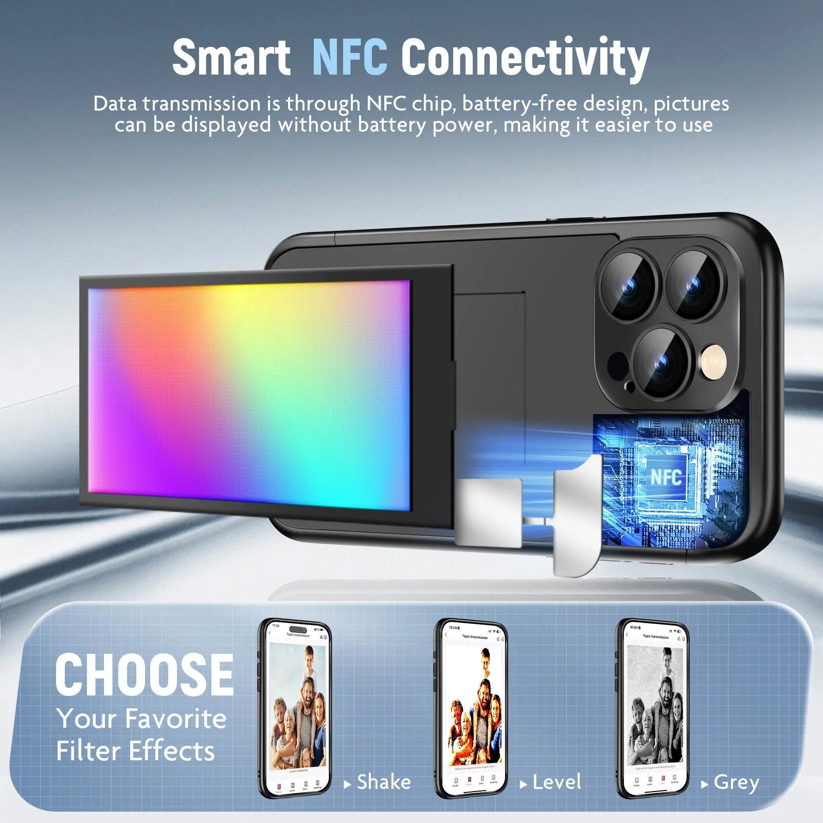 Black iPhone 15 Pro flip case with NFC ink screen for custom DIY designs