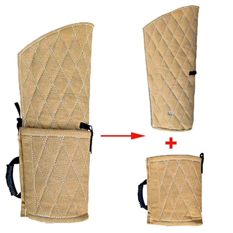 Jute dog bite training sleeve 65 x 28 cm with internal plastic handle, external foam handle, and black side hanging handle.