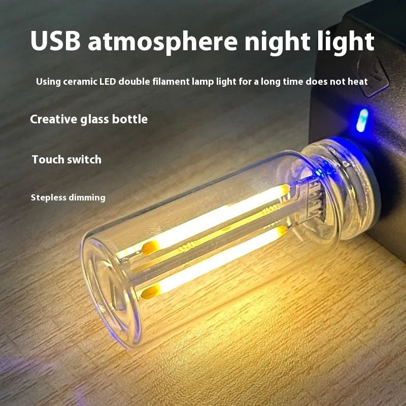 Retro Edison USB LED bulb with glass shell and warm glow, touch dimming, 0.3W 5V