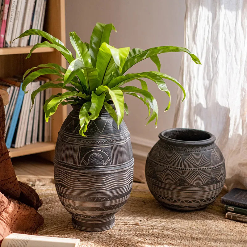 African Art Ancient Pot cement decorative flower pot medium size ethnic style
