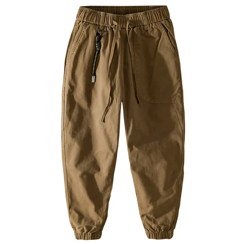 Men's Army Green cotton overalls with drawstring waist and banded ankles laid flat.