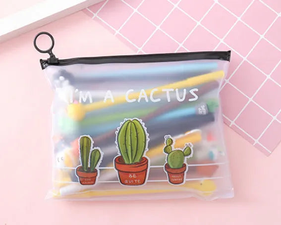 20 black 0.5mm gel pens in Marvel cartoon cactus character plastic case measuring 21 by 17cm